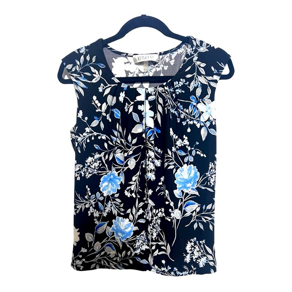 Kasper black shell top. Floral pattern with blue and gray. - Picture 1 of 6